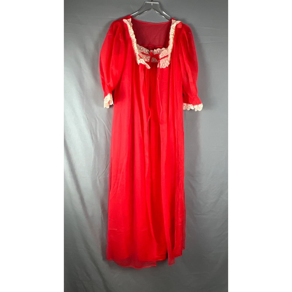 Vintage Deena Long Nightgown Womens L Vibrant Red Lace Trim Bow Detail Sleepwear